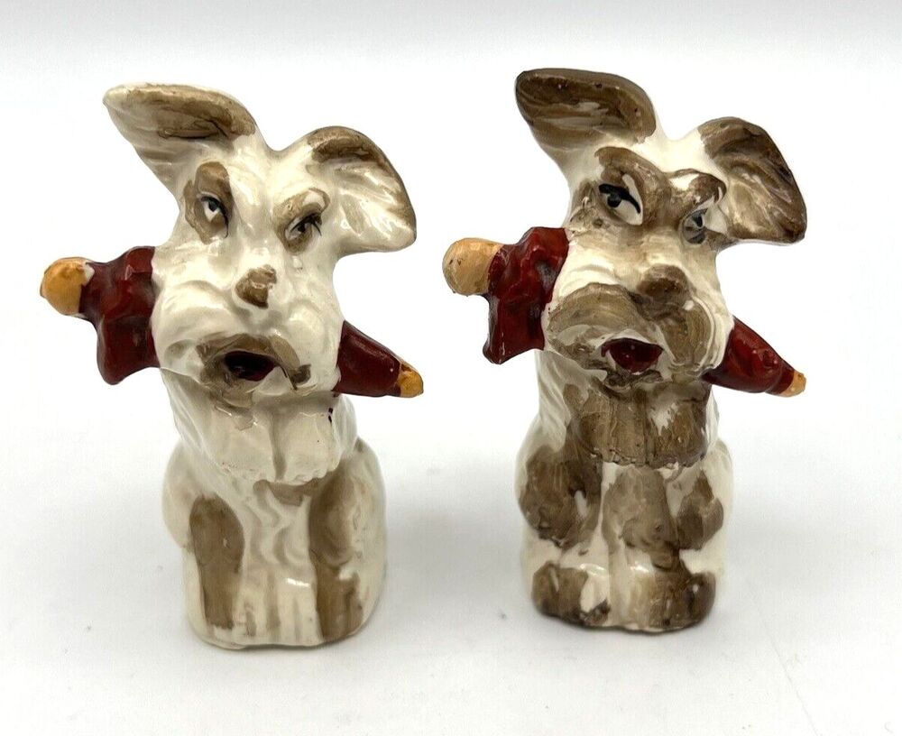 Vintage Scottie Terrier Dogs w/ Umbrella Salt & Pepper Shaker Set Japan 2.75"